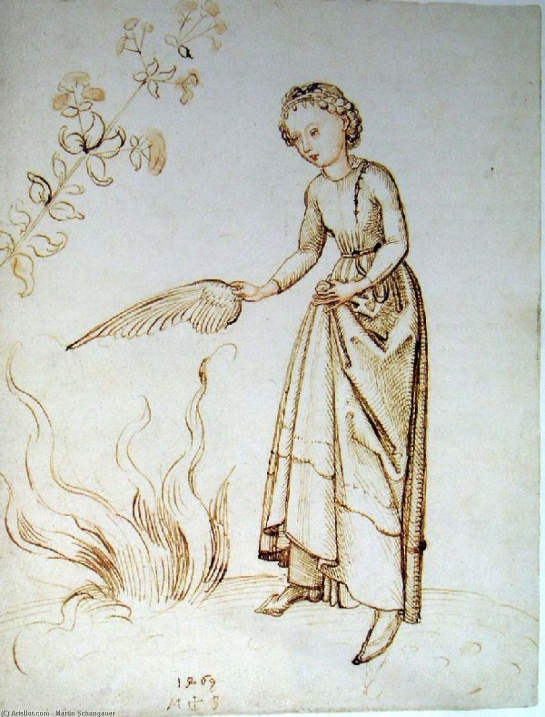 WikiOO.org - Enciklopedija likovnih umjetnosti - Slikarstvo, umjetnička djela Martin Schongauer - Young Girl Assisting Fire