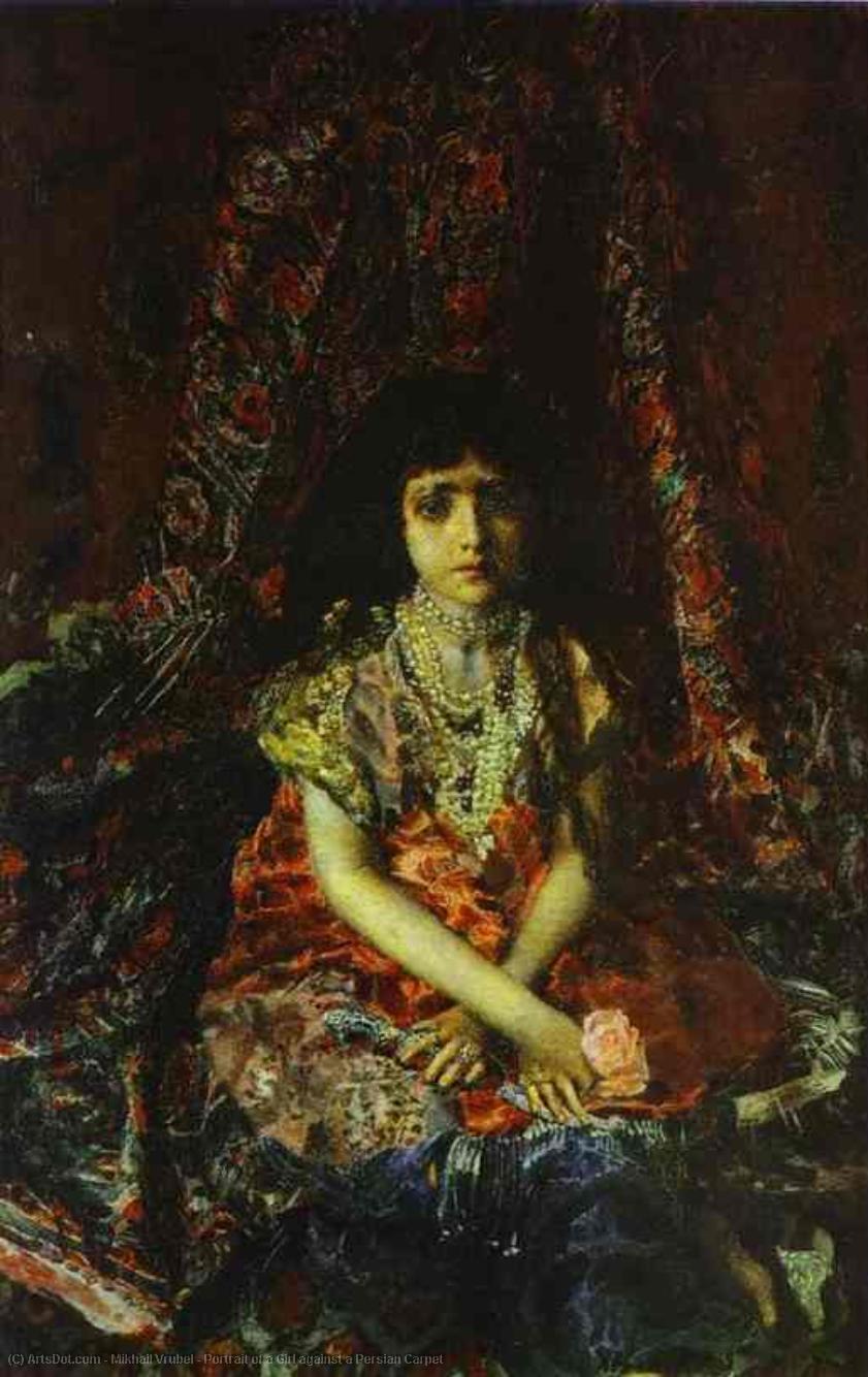 Wikioo.org - The Encyclopedia of Fine Arts - Painting, Artwork by Mikhail Vrubel - Portrait of a Girl against a Persian Carpet