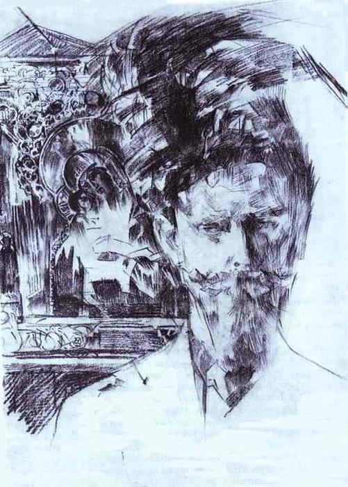 WikiOO.org - Enciklopedija dailės - Tapyba, meno kuriniai Mikhail Vrubel - Portrait of Doctor Fiodor Usoltsev with an Icon in the Background