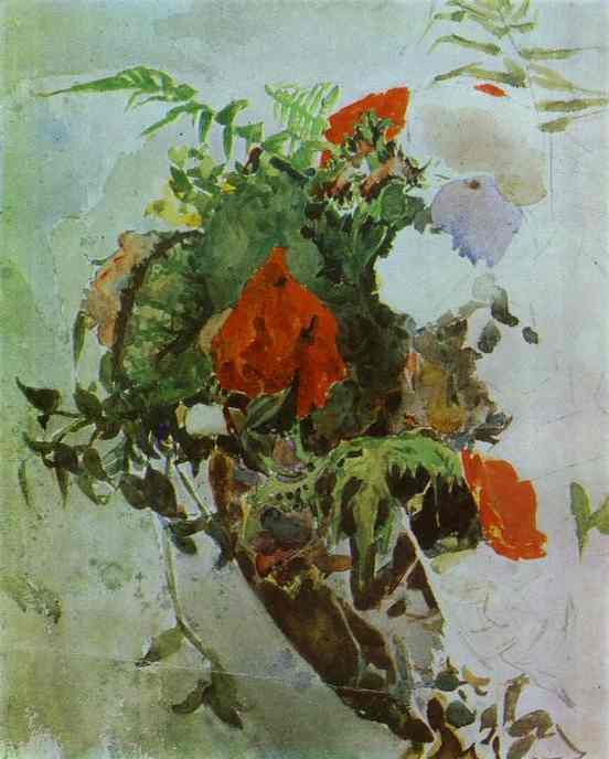 Wikioo.org - The Encyclopedia of Fine Arts - Painting, Artwork by Mikhail Vrubel - Red Flowers and Leaves of Begonia in a Basket