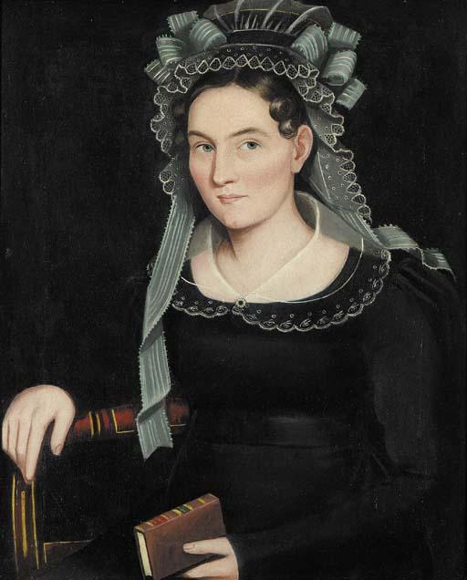 Wikioo.org - The Encyclopedia of Fine Arts - Painting, Artwork by Ammi Phillips - Portrait of a Lady in Elaborate Lace Bonnet