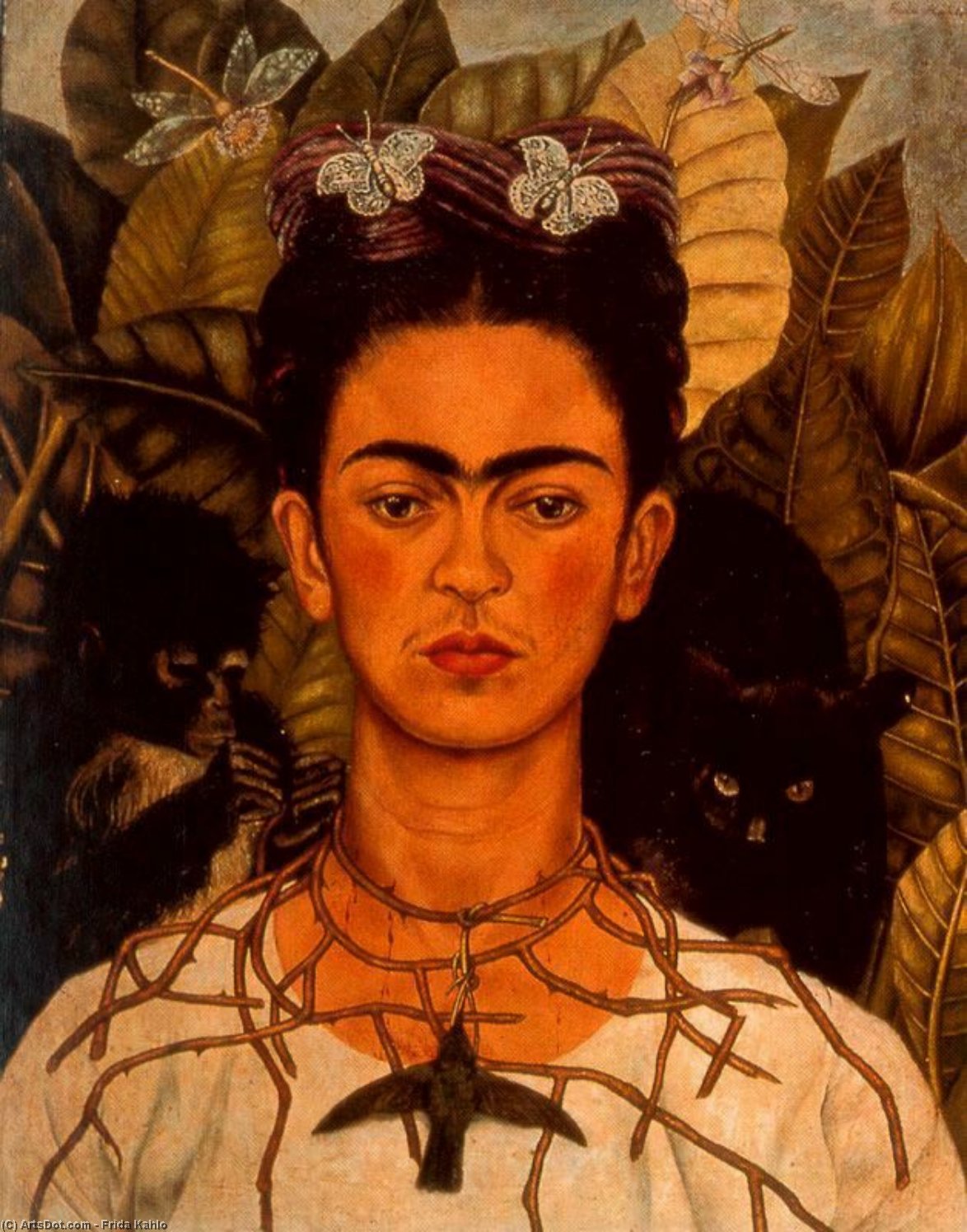 WikiOO.org - Encyclopedia of Fine Arts - Festés, Grafika Frida Kahlo - Autorretrato con collar de espinas y colibrí