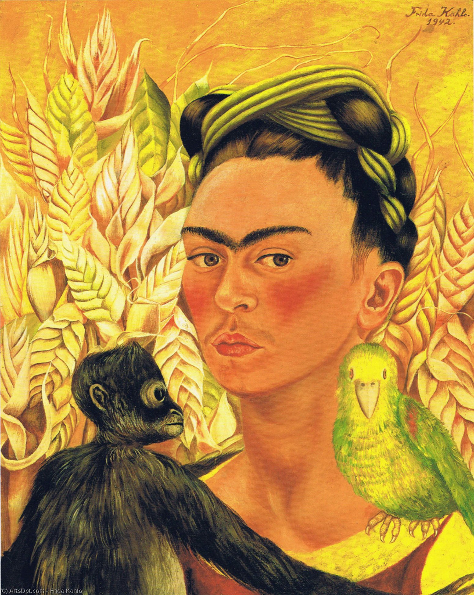 WikiOO.org - Encyclopedia of Fine Arts - Schilderen, Artwork Frida Kahlo - Self-Portrait with Monkey and Parrot