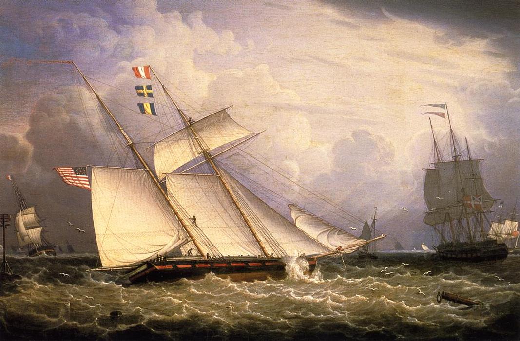 Wikioo.org – La Enciclopedia de las Bellas Artes - Pintura, Obras de arte de Robert Salmon - Americana Schooner bajo la vela con los mares pesados