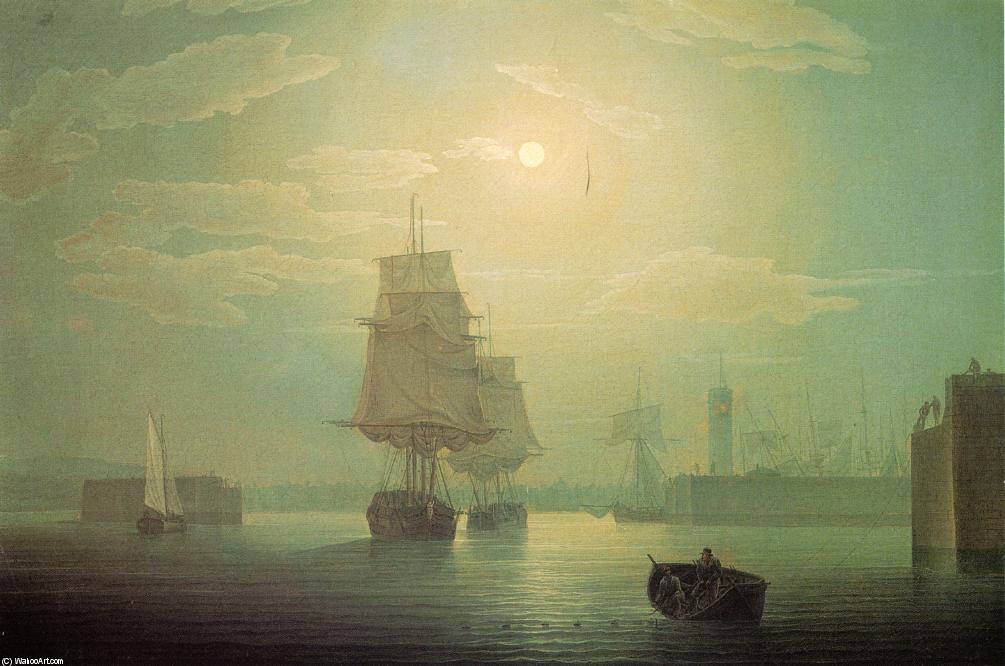 WikiOO.org - אנציקלופדיה לאמנויות יפות - ציור, יצירות אמנות Robert Salmon - Moonlight over Whitehaven Harbor, England