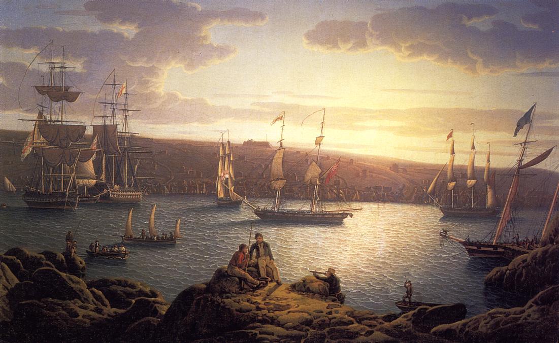 WikiOO.org - Encyclopedia of Fine Arts - Maleri, Artwork Robert Salmon - Royal Naval Vessels off Pembroke Dock, Milford Haven