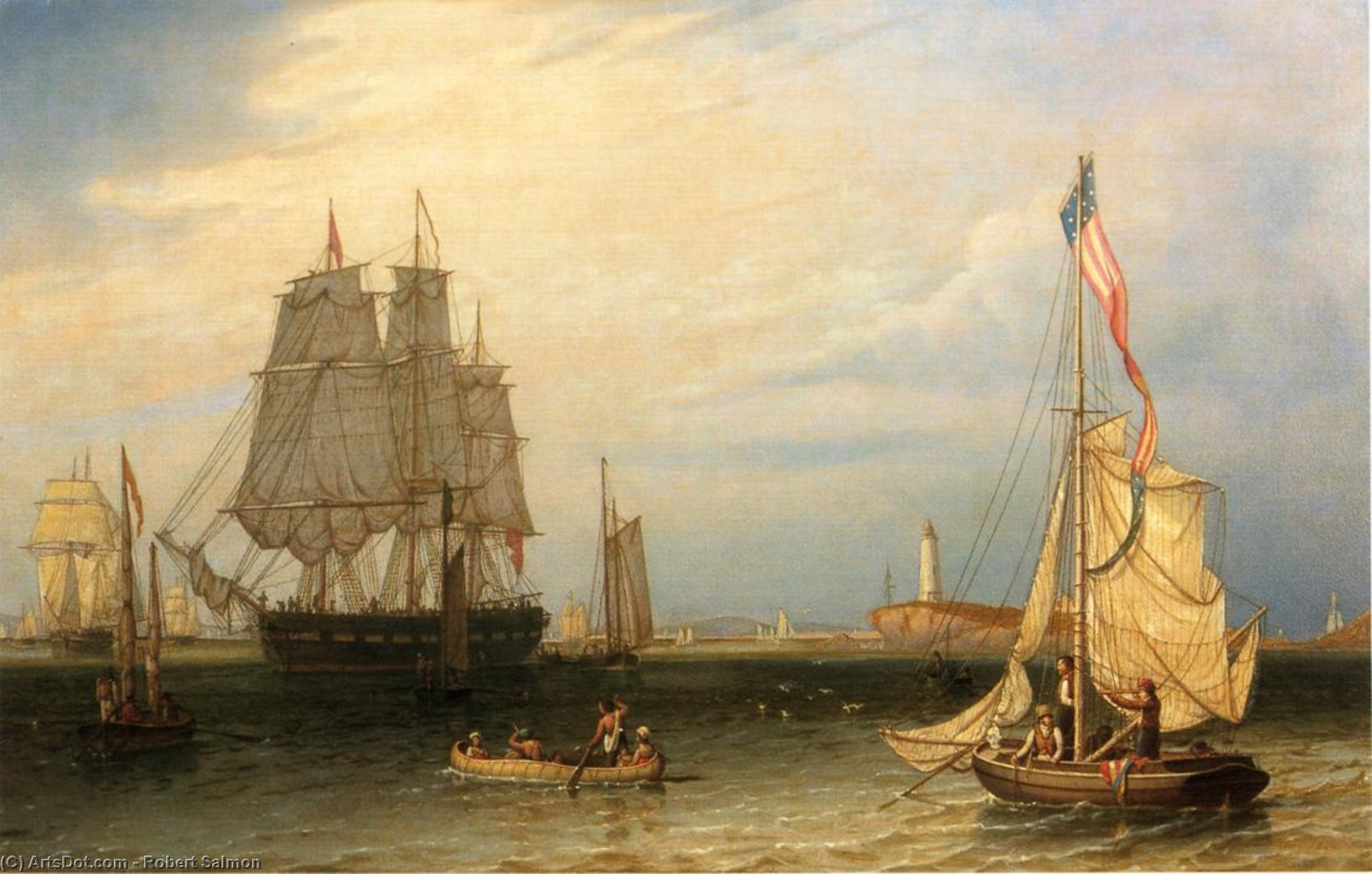WikiOO.org - Güzel Sanatlar Ansiklopedisi - Resim, Resimler Robert Salmon - Shipping in President Roads, Off Boston Light