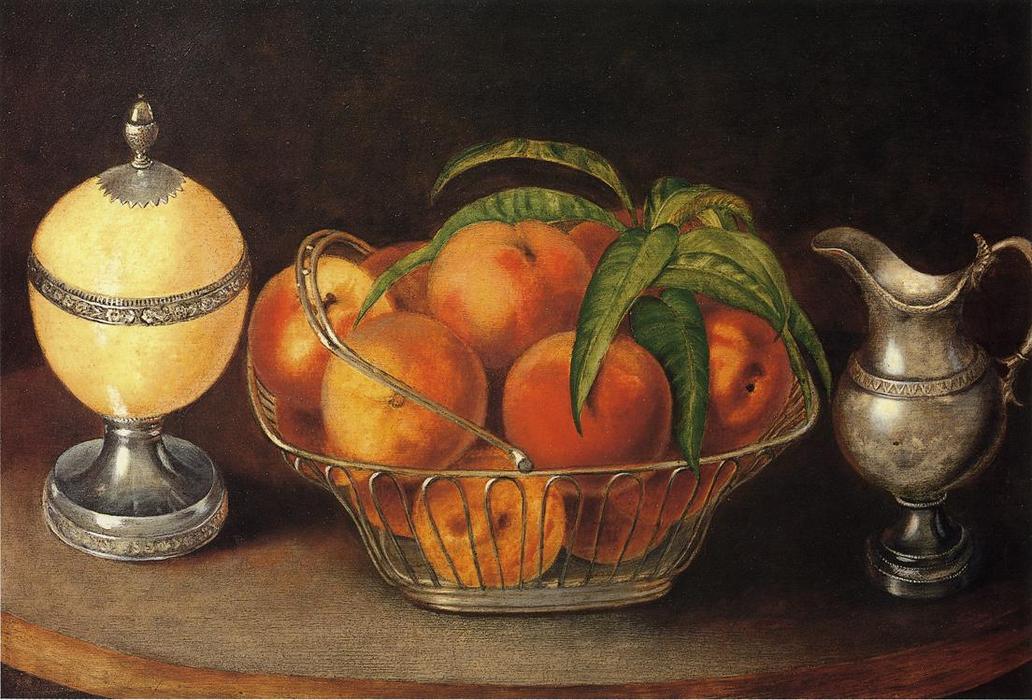 Wikioo.org - The Encyclopedia of Fine Arts - Painting, Artwork by Rubens Peale - Basket of Peaches with Ostrich Egg and Cream Pitcher