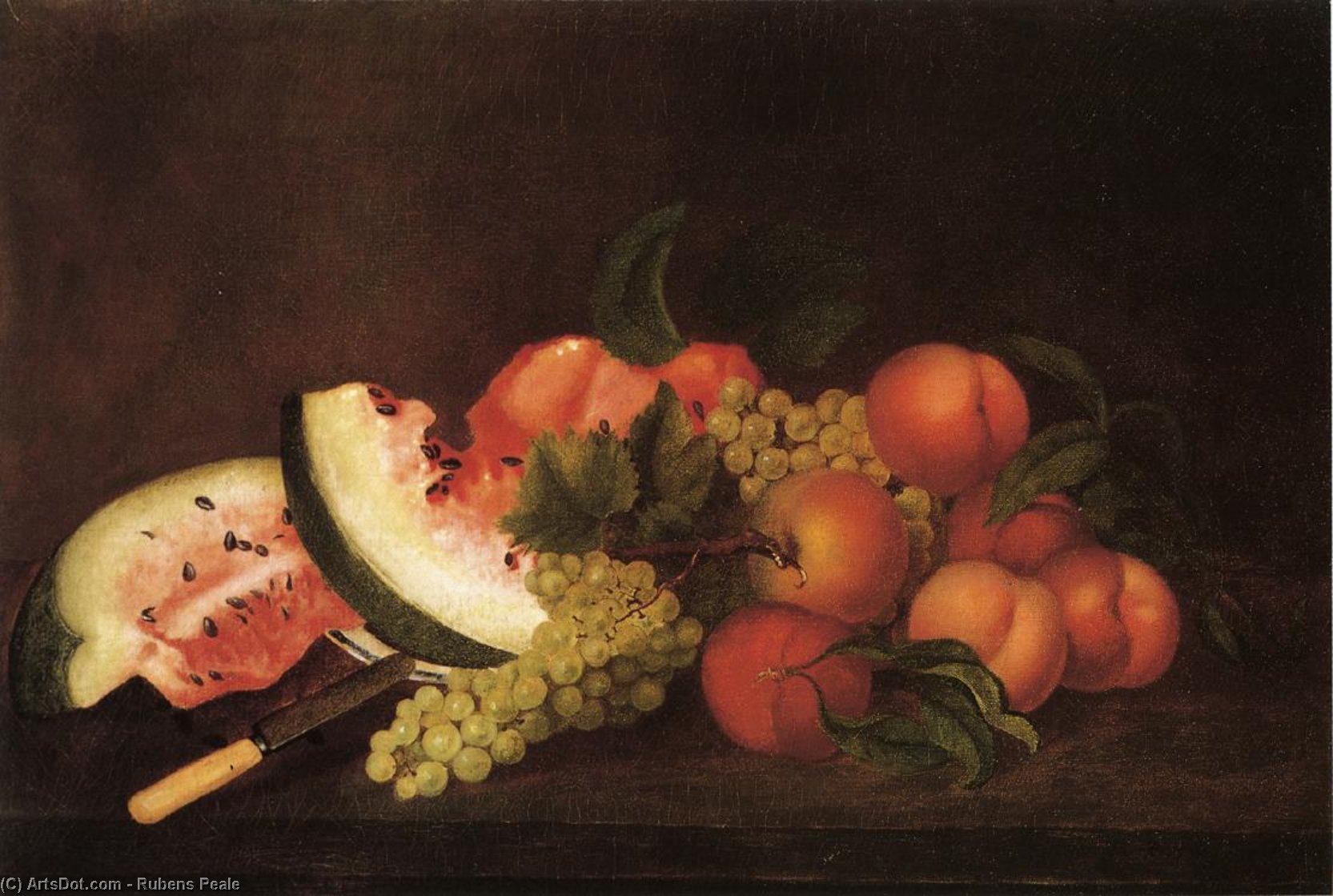 Wikioo.org - The Encyclopedia of Fine Arts - Painting, Artwork by Rubens Peale - Still Life with Grapes, Watermelon, and Peaches