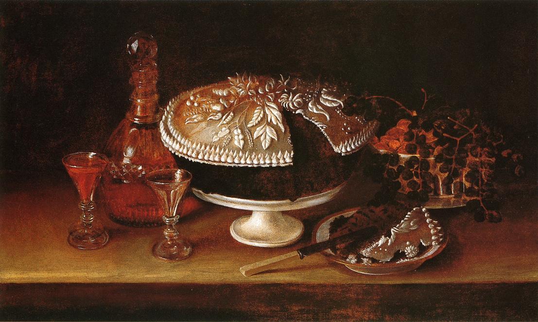 Wikioo.org - The Encyclopedia of Fine Arts - Painting, Artwork by Rubens Peale - Wedding Cake, Wine, Almonds, and Raisins