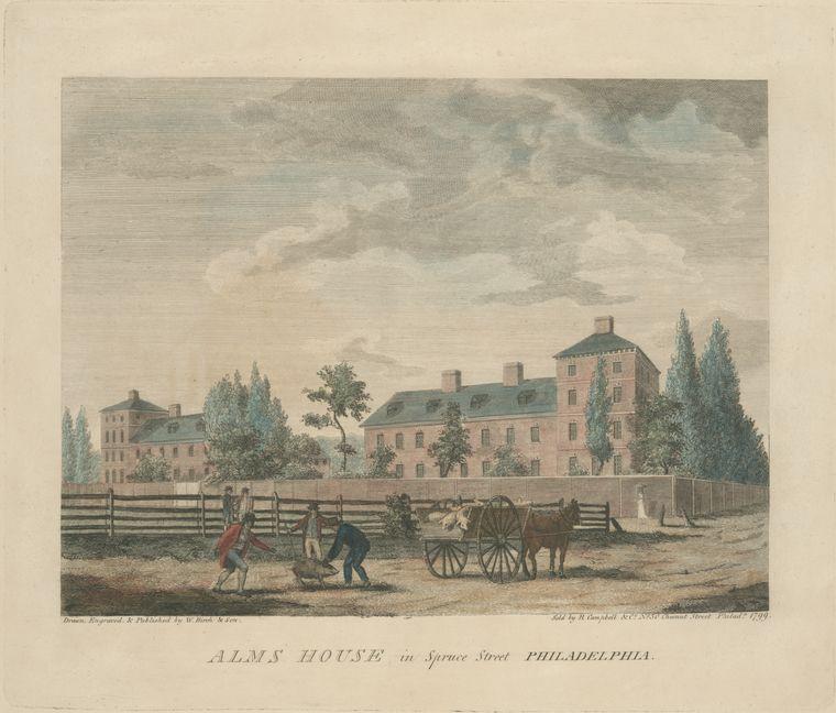 Wikioo.org - The Encyclopedia of Fine Arts - Painting, Artwork by Thomas Birch - Alms house in Spruce Street Philadelphia