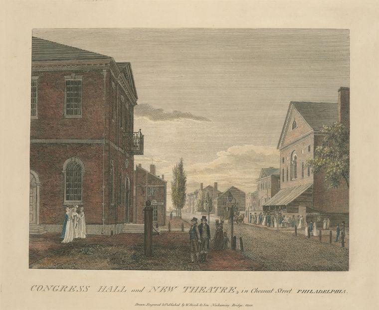 Wikioo.org - The Encyclopedia of Fine Arts - Painting, Artwork by Thomas Birch - Congress Hall and New Theatre, in Chesnut Street Philadelphia