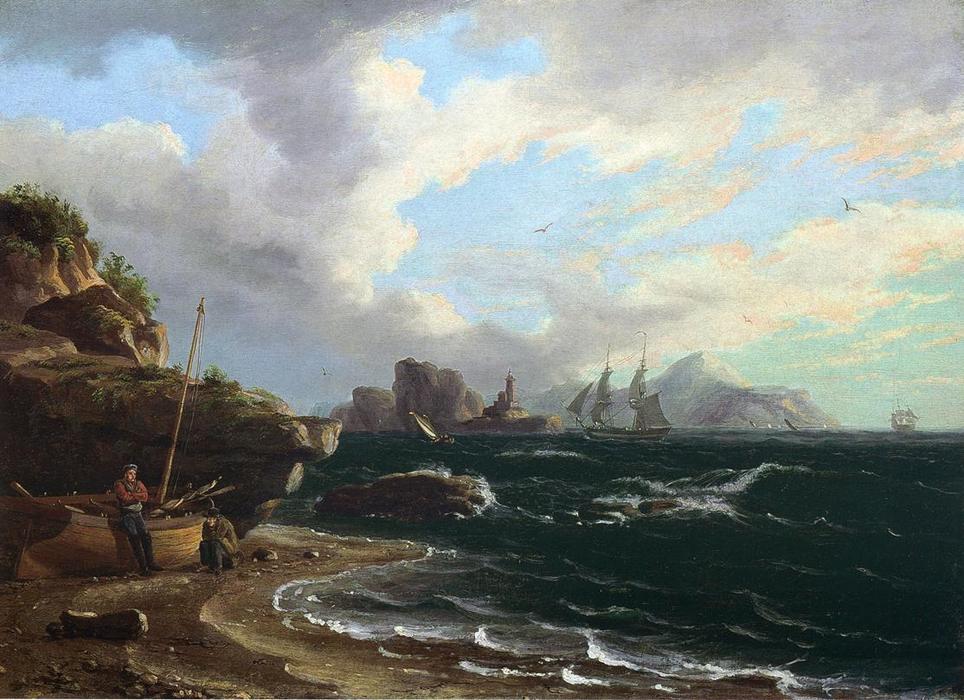 Wikioo.org - The Encyclopedia of Fine Arts - Painting, Artwork by Thomas Birch - Figures with Docked Boat at Shoreline