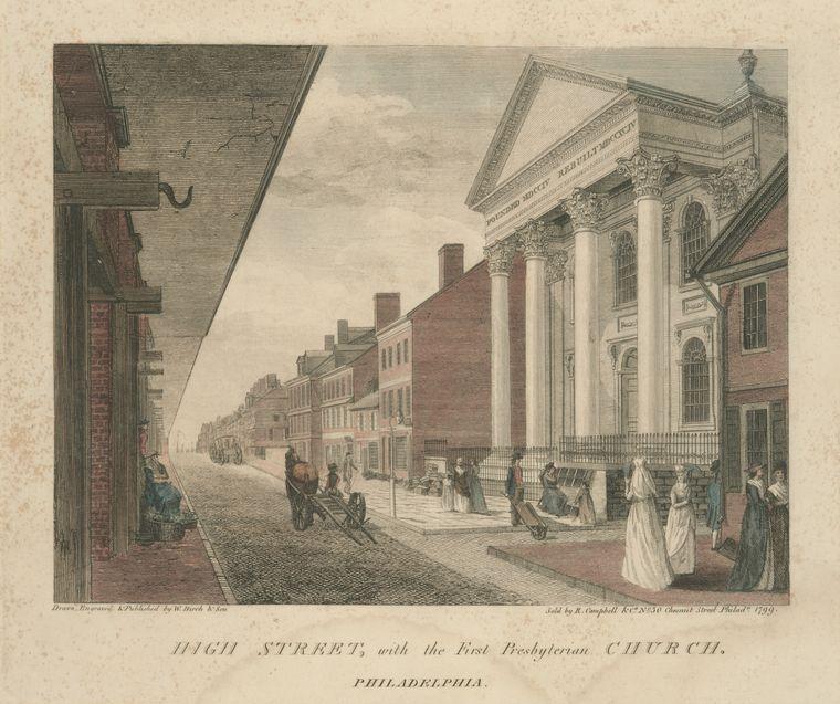 Wikioo.org - The Encyclopedia of Fine Arts - Painting, Artwork by Thomas Birch - High Street, with the First Presbyterian Church. Philadelphia