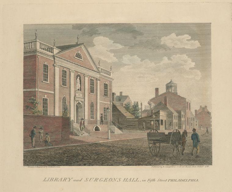 Wikioo.org - The Encyclopedia of Fine Arts - Painting, Artwork by Thomas Birch - Library and Surgeons Hall, in Fifth Street Philadelphia