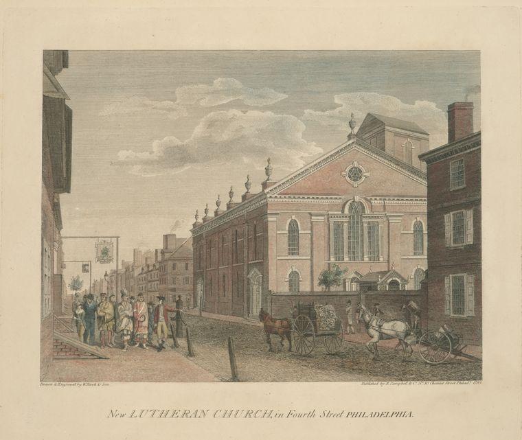 Wikioo.org - The Encyclopedia of Fine Arts - Painting, Artwork by Thomas Birch - New Lutheran Church, in Fourth Street Philadelphia