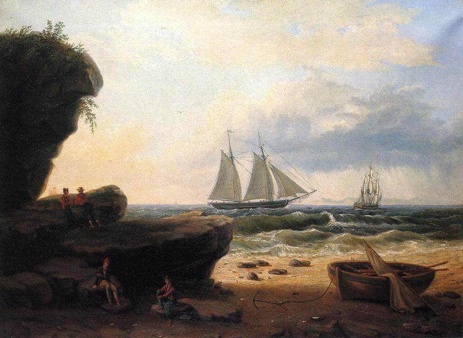 Wikioo.org - The Encyclopedia of Fine Arts - Painting, Artwork by Thomas Birch - Sailing along the Shore