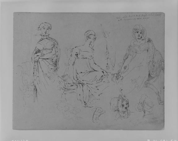Wikioo.org – L'Enciclopedia delle Belle Arti - Pittura, Opere di Thomas Sully - Una donna in piedi; Due donne sedute in abbigliamento alla moda; Due teste femminili in Bonnets