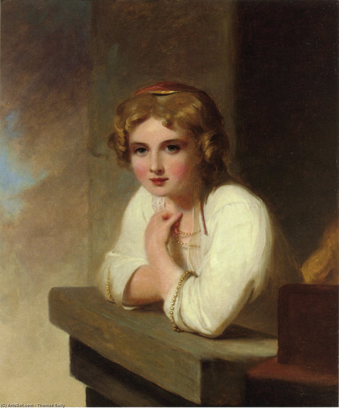 WikiOO.org – 美術百科全書 - 繪畫，作品 Thomas Sully -  农民  女孩 (  后 Rembrandt's 年轻的女孩 斜塔 上 Wiindowsill'' ) ''