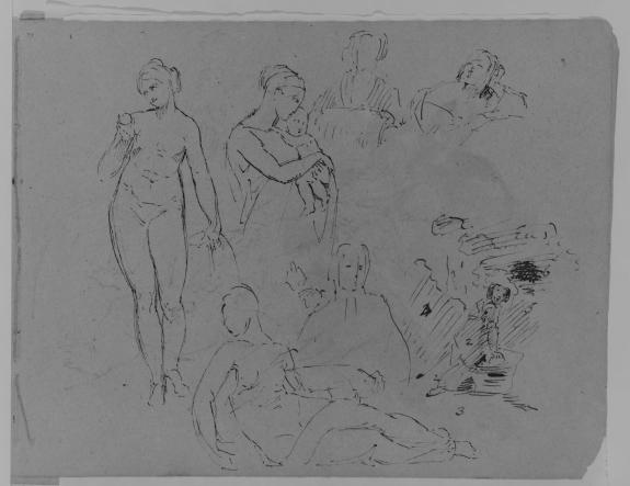 Wikioo.org - The Encyclopedia of Fine Arts - Painting, Artwork by Thomas Sully - Seven Figure Sketches. Standing Female Nude with Fruit; Madonna and Child; Two Female Busts; Recumbent Semi-nude Figure