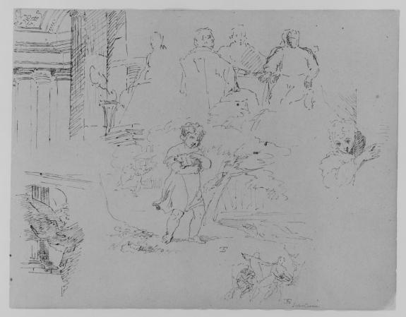 Wikioo.org - The Encyclopedia of Fine Arts - Painting, Artwork by Thomas Sully - Two Architectural Sketches; Three Men Seated at Table; Child Holding Pet in Landscape; Figure Appearing Behind Corner; Scene from Julius Ceasar