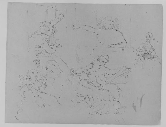 Wikioo.org - Bách khoa toàn thư về mỹ thuật - Vẽ tranh, Tác phẩm nghệ thuật Thomas Sully - Two Sketches of Females Looking out of a Window; Seated Female; Mother Playing with Child; Seated Male and Female Looking at a Book