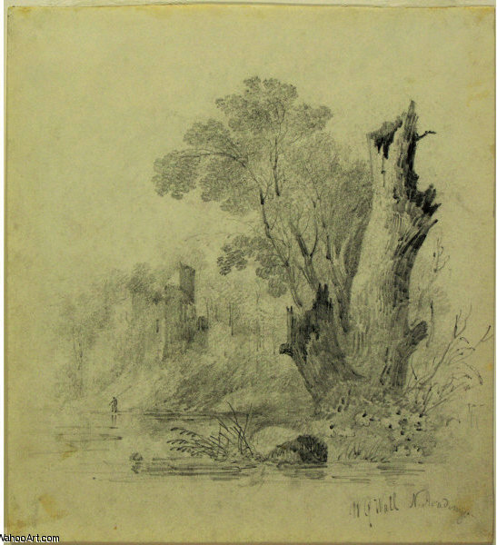 WikiOO.org - Encyclopedia of Fine Arts - Maľba, Artwork William Guy Wall - Riverside Landscape with Ruins and Tree Stump