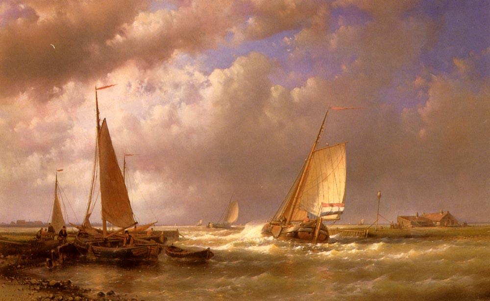 Wikioo.org - The Encyclopedia of Fine Arts - Painting, Artwork by Abraham Hulk Senior - Dutch Barges At The Mouth Of An Estuary