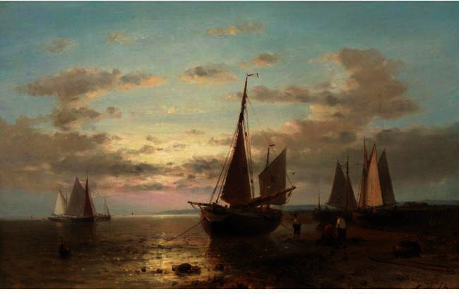 Wikioo.org - The Encyclopedia of Fine Arts - Painting, Artwork by Abraham Hulk Senior - Fisherman And Their Boats At Evening, Other Boats Offshore