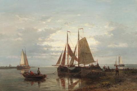 Wikioo.org - The Encyclopedia of Fine Arts - Painting, Artwork by Abraham Hulk Senior - Moored Fishing Boats In A Calm With Fishing-Folk On A Jetty