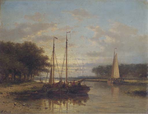 Wikioo.org - The Encyclopedia of Fine Arts - Painting, Artwork by Abraham Hulk Senior - Sailing Vessels On A Calm River At Dusk