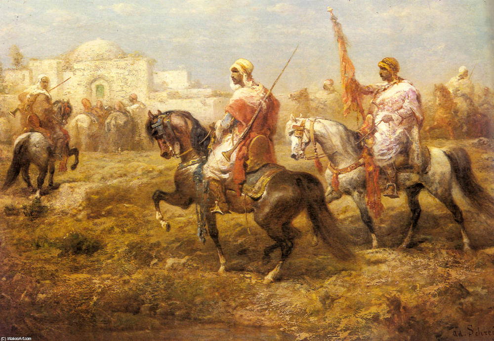 Wikioo.org - Encyklopedia Sztuk Pięknych - Malarstwo, Grafika Adolf Schreyer - Arab Cavalry Approaching An Oasis