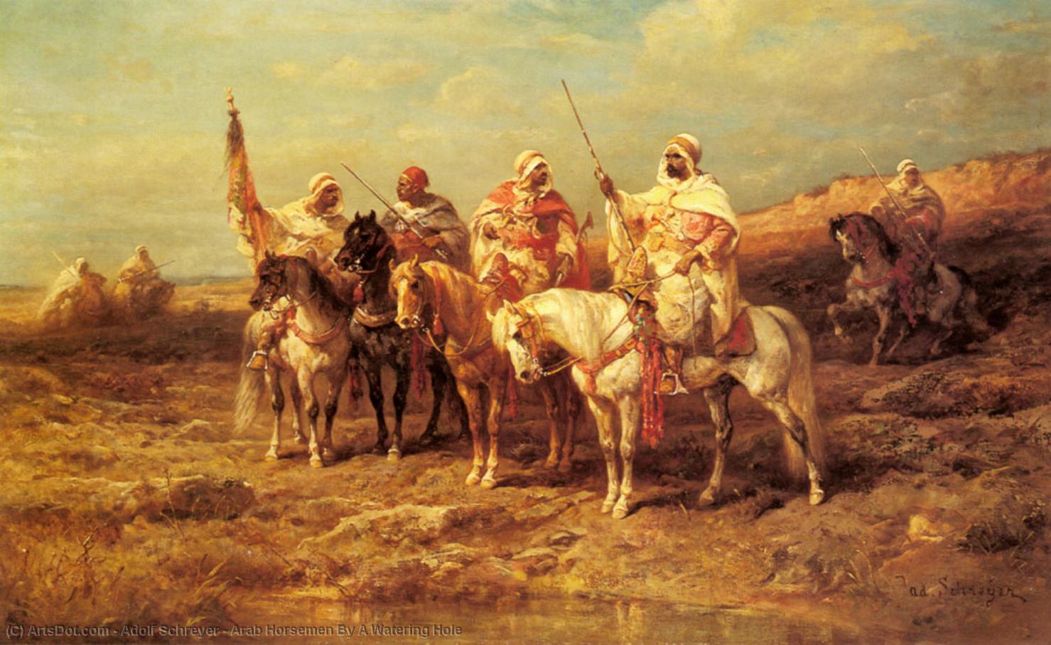 WikiOO.org - Encyclopedia of Fine Arts - Maleri, Artwork Adolf Schreyer - Arab Horsemen By A Watering Hole