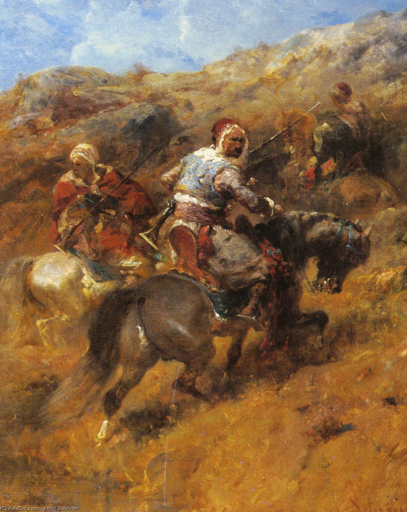 Wikioo.org - The Encyclopedia of Fine Arts - Painting, Artwork by Adolf Schreyer - Arab Warriors On A Hillside