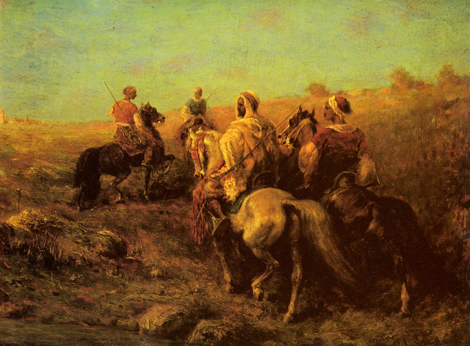 WikiOO.org - Encyclopedia of Fine Arts - Lukisan, Artwork Adolf Schreyer - Arabian Horseman Near A Watering Place