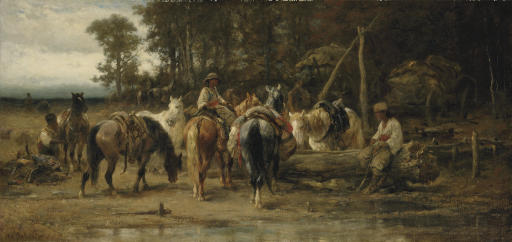 Wikioo.org – La Enciclopedia de las Bellas Artes - Pintura, Obras de arte de Adolf Schreyer - cosacos `watering` su caballos