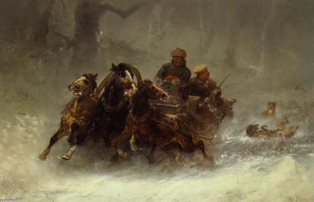 WikiOO.org - Енциклопедия за изящни изкуства - Живопис, Произведения на изкуството Adolf Schreyer - Persued By Wolves