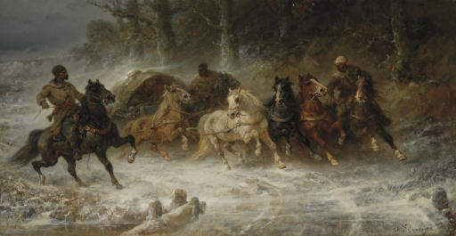 WikiOO.org - Encyclopedia of Fine Arts - Lukisan, Artwork Adolf Schreyer - Wallachian Horsemen In A Winter Landscape