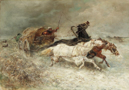Wikioo.org - The Encyclopedia of Fine Arts - Painting, Artwork by Adolf Schreyer - Wallachian Wagon Under Attack