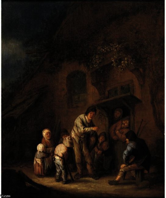 Wikioo.org - The Encyclopedia of Fine Arts - Painting, Artwork by Adriaen Van Ostade - A Hurdy-Gurdy Player Before A Farmhouse