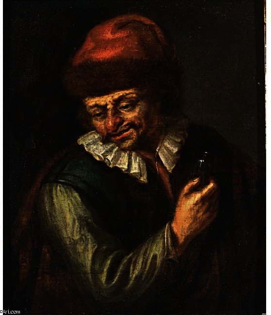 Wikioo.org - The Encyclopedia of Fine Arts - Painting, Artwork by Adriaen Van Ostade - A Laughing Man Holding A Bottle