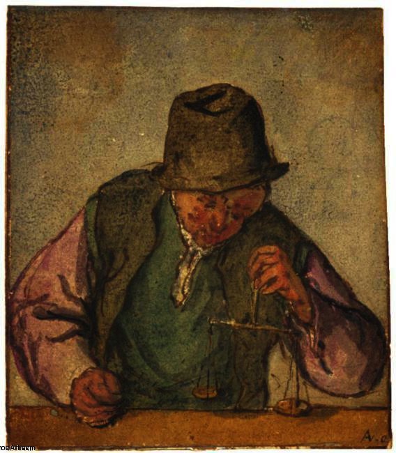 WikiOO.org - Encyclopedia of Fine Arts - Maalaus, taideteos Adriaen Van Ostade - A Man At A Counter, Holding A Pair Of Scales