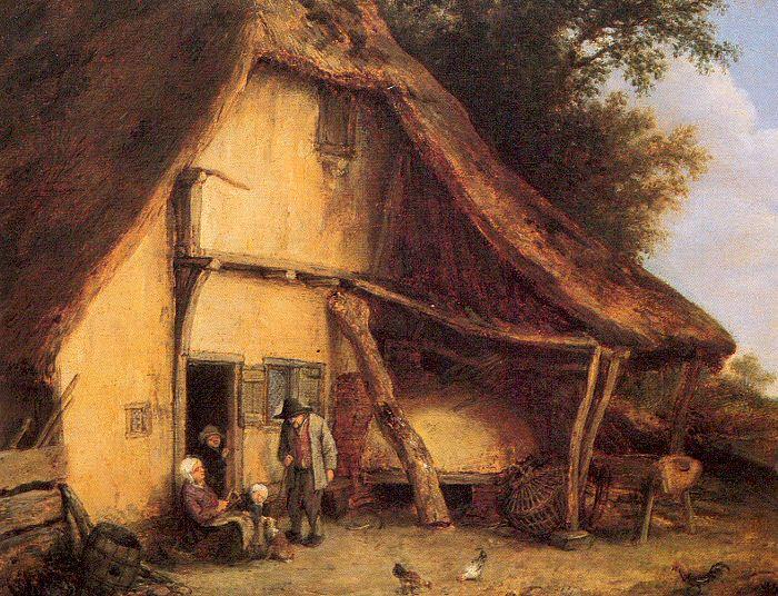 Wikioo.org – La Enciclopedia de las Bellas Artes - Pintura, Obras de arte de Adriaen Van Ostade - Una familia de campesinos fuera de un Cottage