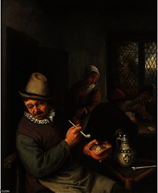 Wikioo.org - The Encyclopedia of Fine Arts - Painting, Artwork by Adriaen Van Ostade - A Peasant Lighting A Pipe In An Inn, Cardplayers In The Background