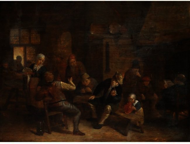 WikiOO.org - Encyclopedia of Fine Arts - Maleri, Artwork Adriaen Van Ostade - A Tavern Interior With Boors Smoking And Drinking
