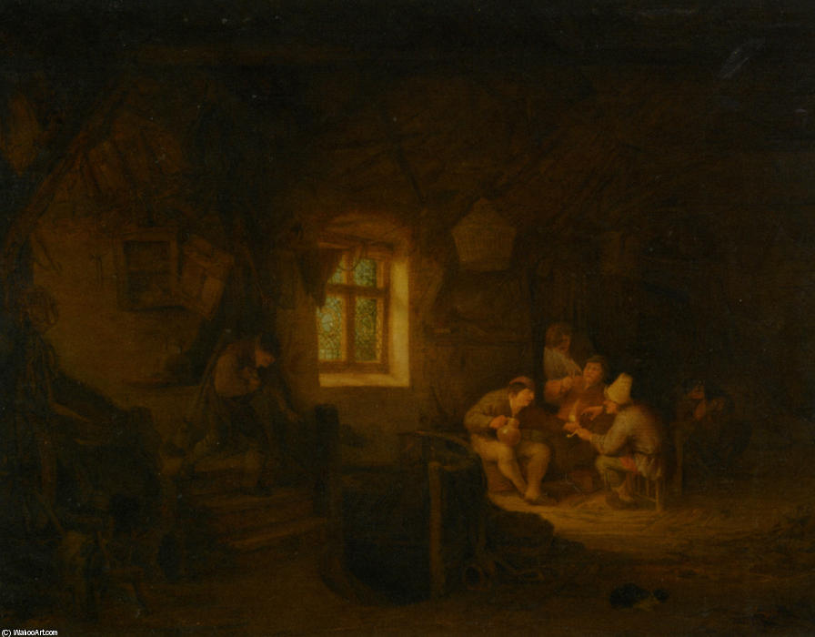 Wikioo.org - The Encyclopedia of Fine Arts - Painting, Artwork by Adriaen Van Ostade - A Tavern Interior With Peasants Drinking Beneath A Window