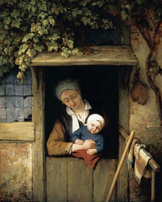 WikiOO.org – 美術百科全書 - 繪畫，作品 Adriaen Van Ostade - 母亲 控股  她  孩子  在  一个  门口