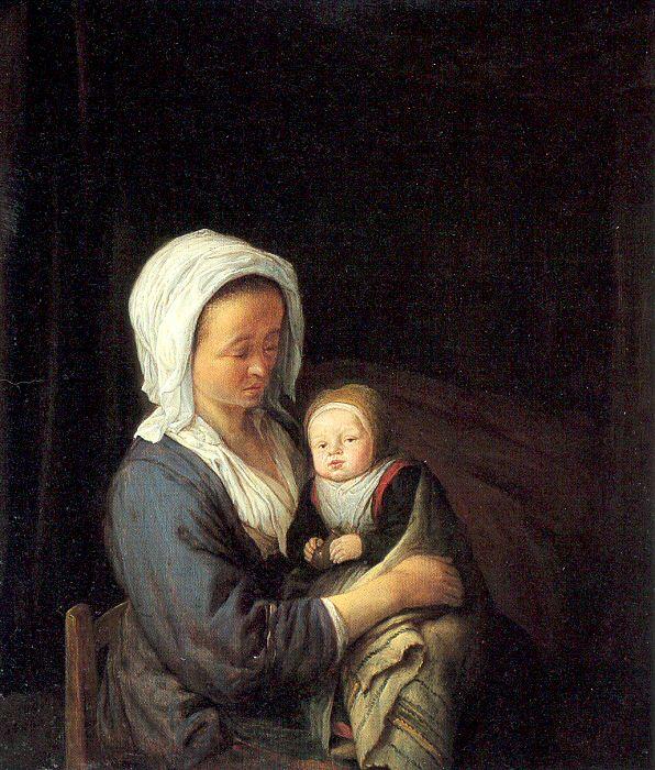 Wikioo.org – L'Encyclopédie des Beaux Arts - Peinture, Oeuvre de Adriaen Van Ostade - femme la tenue a enfant en elle genoux