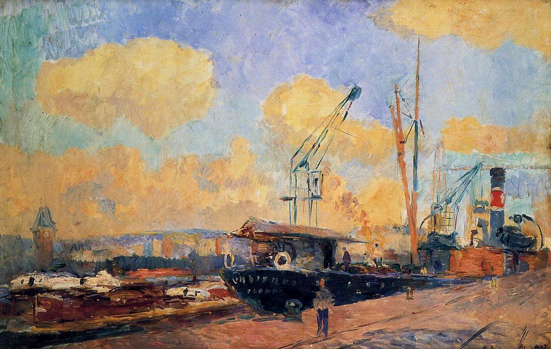 Wikioo.org - สารานุกรมวิจิตรศิลป์ - จิตรกรรม Albert-Charles Lebourg (Albert-Marie Lebourg) - Steamers and Barges in the Port of Rouen, Sunset