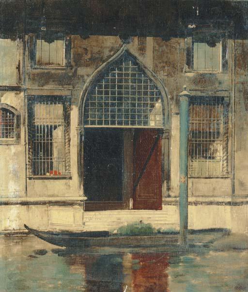 Wikioo.org - The Encyclopedia of Fine Arts - Painting, Artwork by Alberto Pasini - A Gondola Before A Venetian Palazzo